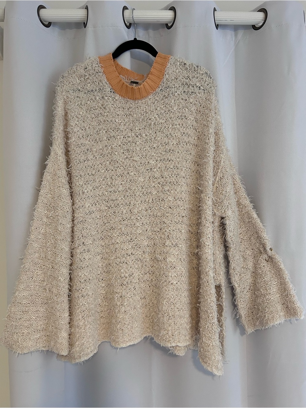 Free People Cream Fuzzy Crewneck Sweater with peach Ribbed Collar